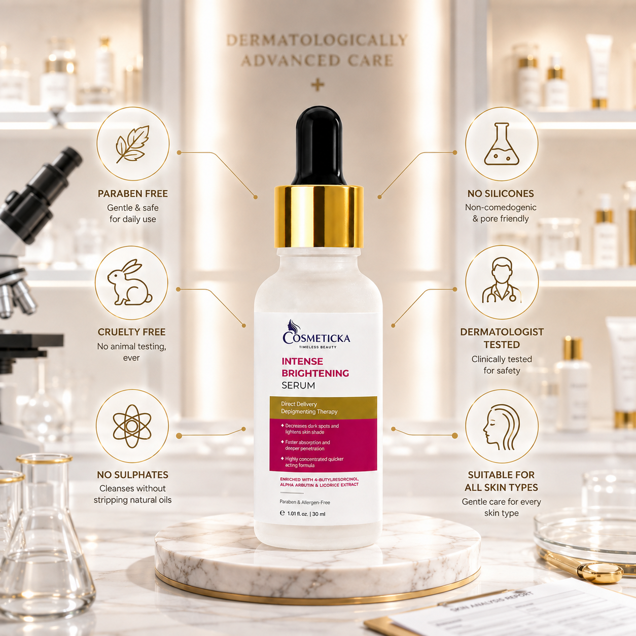Cosmeticka Intense Brightening Serum bottle displayed on a marble pedestal in a bright skincare studio setting, surrounded by informational callouts about product benefits such as paraben free, cruelty free, and dermatologist tested.