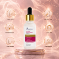 Cosmeticka Intense Brightening Serum in a frosted white bottle with a black dropper cap and gold collar, displayed on a marble pedestal against a glowing pink skin-care graphic background with icons for dark spots, uneven tone, pigmentation, dull skin, acne marks, and sun damage.