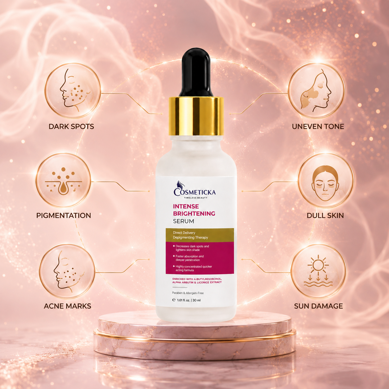 Cosmeticka Intense Brightening Serum in a frosted white bottle with a black dropper cap and gold collar, displayed on a marble pedestal against a glowing pink skin-care graphic background with icons for dark spots, uneven tone, pigmentation, dull skin, acne marks, and sun damage.
