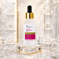 Cosmeticka Intense Brightening Serum in a white bottle with a gold collar and black dropper, displayed on a clear acrylic pedestal with decorative crystals and glowing light effects. Text callouts around the bottle highlight skin-brightening benefits.