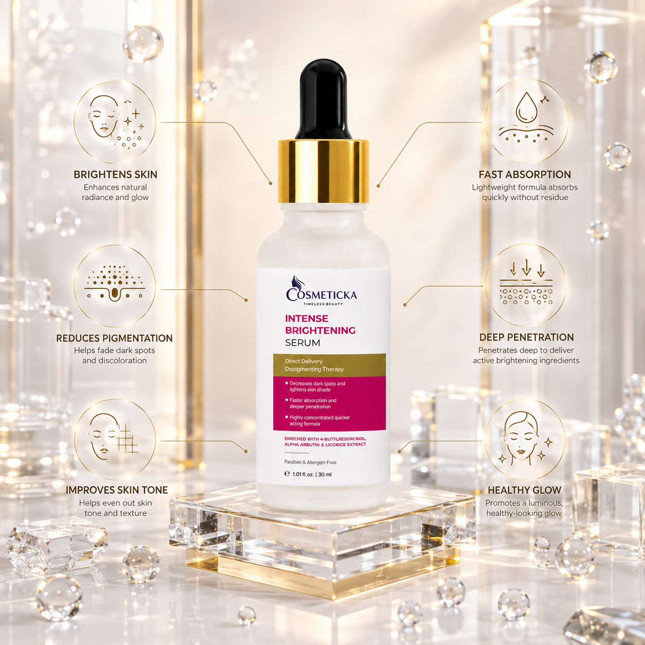 Cosmeticka Intense Brightening Serum in a white bottle with a gold collar and black dropper, displayed on a clear acrylic pedestal with decorative crystals and glowing light effects. Text callouts around the bottle highlight skin-brightening benefits.