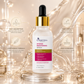 Cosmeticka Intense Brightening Serum in a white dropper bottle with a gold collar and black pipette, centered on a glossy gold background with decorative liquid splashes and feature callouts.