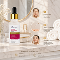 Cosmetika Intense Brightening Serum bottle with a gold dropper cap on a marble countertop, next to a mirror and skincare routine infographic with step-by-step facial application instructions.