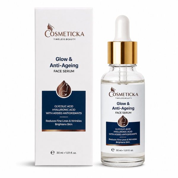 Cosmeticcka Glow & Anti-Ageing Face Serum shown as a clear glass dropper bottle with a gold collar next to its white cardboard packaging box.