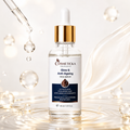 Cosmeticcka Glow & Anti-Aging Face Serum in a clear glass dropper bottle with a gold cap, set against a bright, glossy background with liquid droplets and ripples.