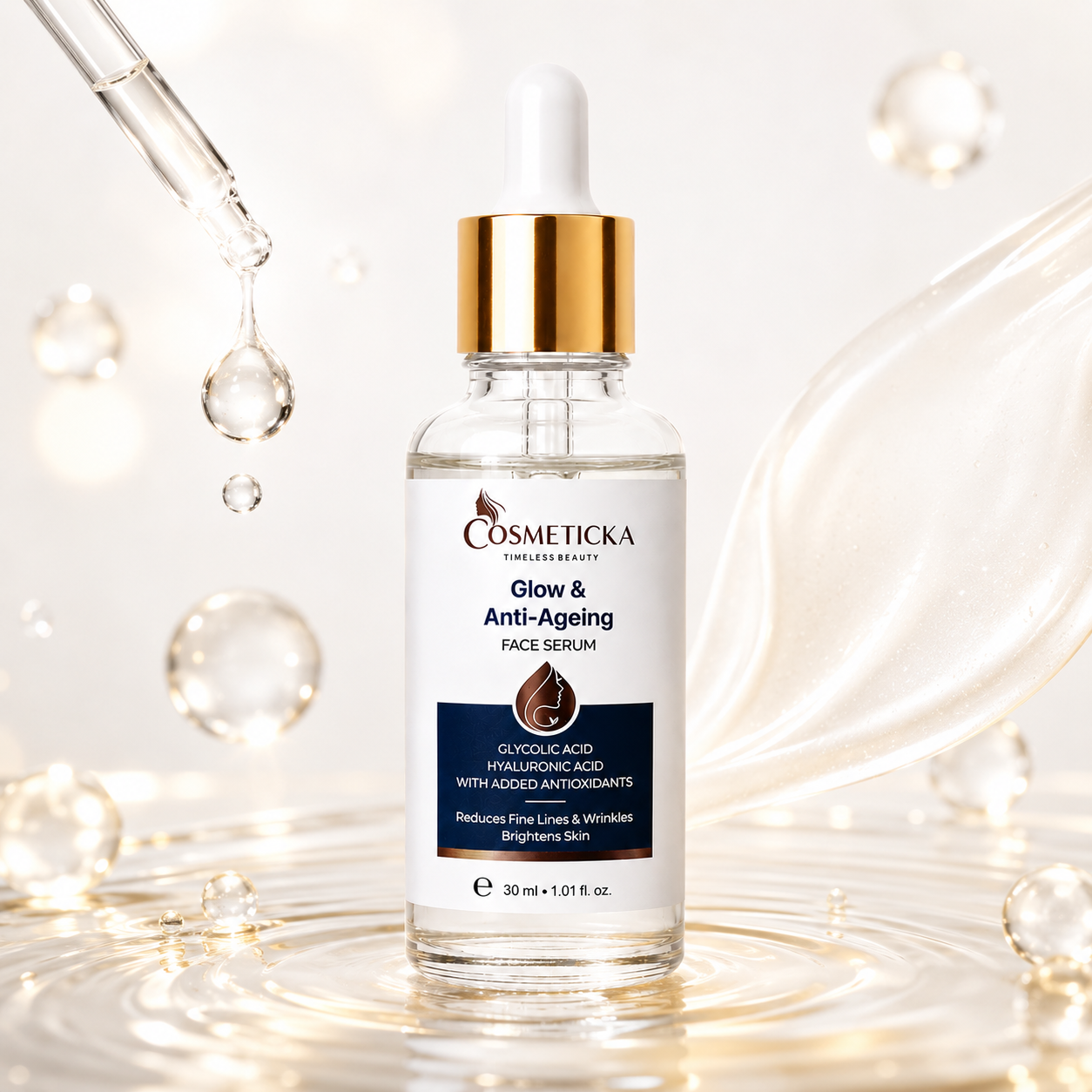 Cosmeticcka Glow & Anti-Aging Face Serum in a clear glass dropper bottle with a gold cap, set against a bright, glossy background with liquid droplets and ripples.