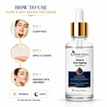 Cosmeticcka Glow & Anti-Ageing Face Serum bottle shown next to a step-by-step 'How to Use' guide on a white background.