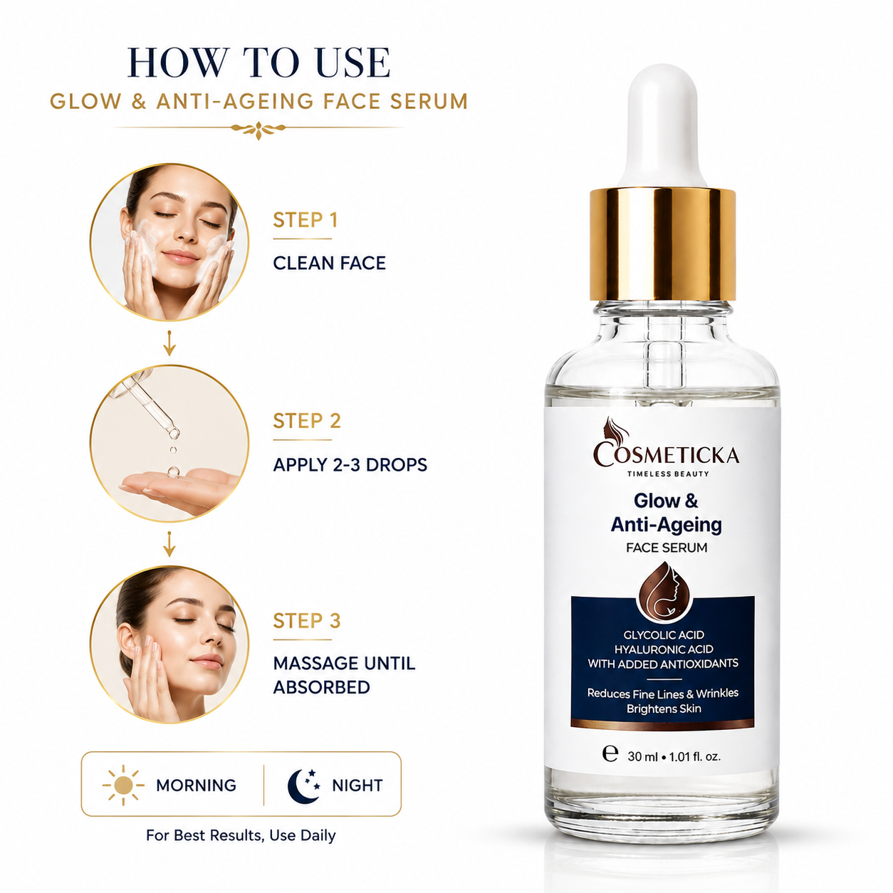 Cosmeticcka Glow & Anti-Ageing Face Serum bottle shown next to a step-by-step 'How to Use' guide on a white background.