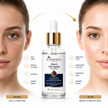 Cosmeticka Glow & Anti-Ageing Face Serum bottle centered between before-and-after skin comparison portraits. The bottle has a white label with a gold cap and dropper.