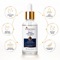 Cosmeticcka Glow & Anti-Ageing Face Serum in a clear glass dropper bottle with a gold cap, shown on a white background with six circular benefit callouts around it.