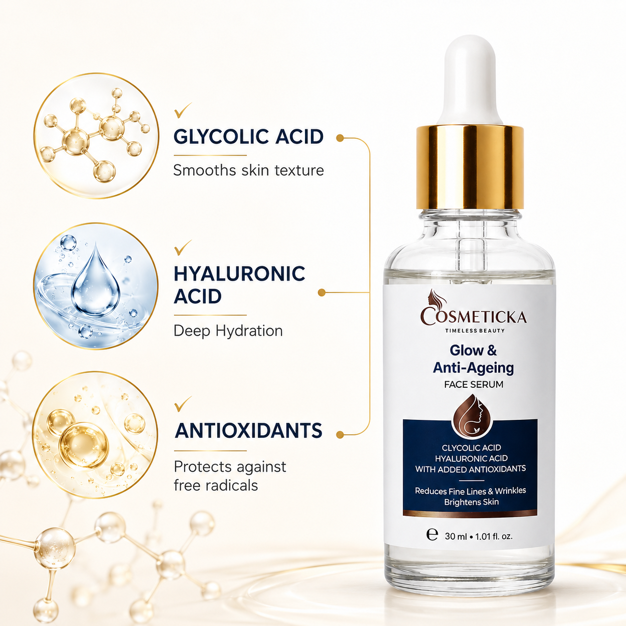 Cosmeticka Glow & Anti-Ageing Face Serum in a clear glass bottle with a white dropper cap and gold collar, shown on a light cream background with feature callouts for glycolic acid, hyaluronic acid, and antioxidants.