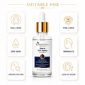 Cosmeticcka Glow & Anti-Ageing Face Serum in a clear glass dropper bottle with a gold collar, centered on a white background. The image includes surrounding icons and text indicating suitability for dull skin, fine lines, dry skin, wrinkles, uneven texture, and loss of glow.