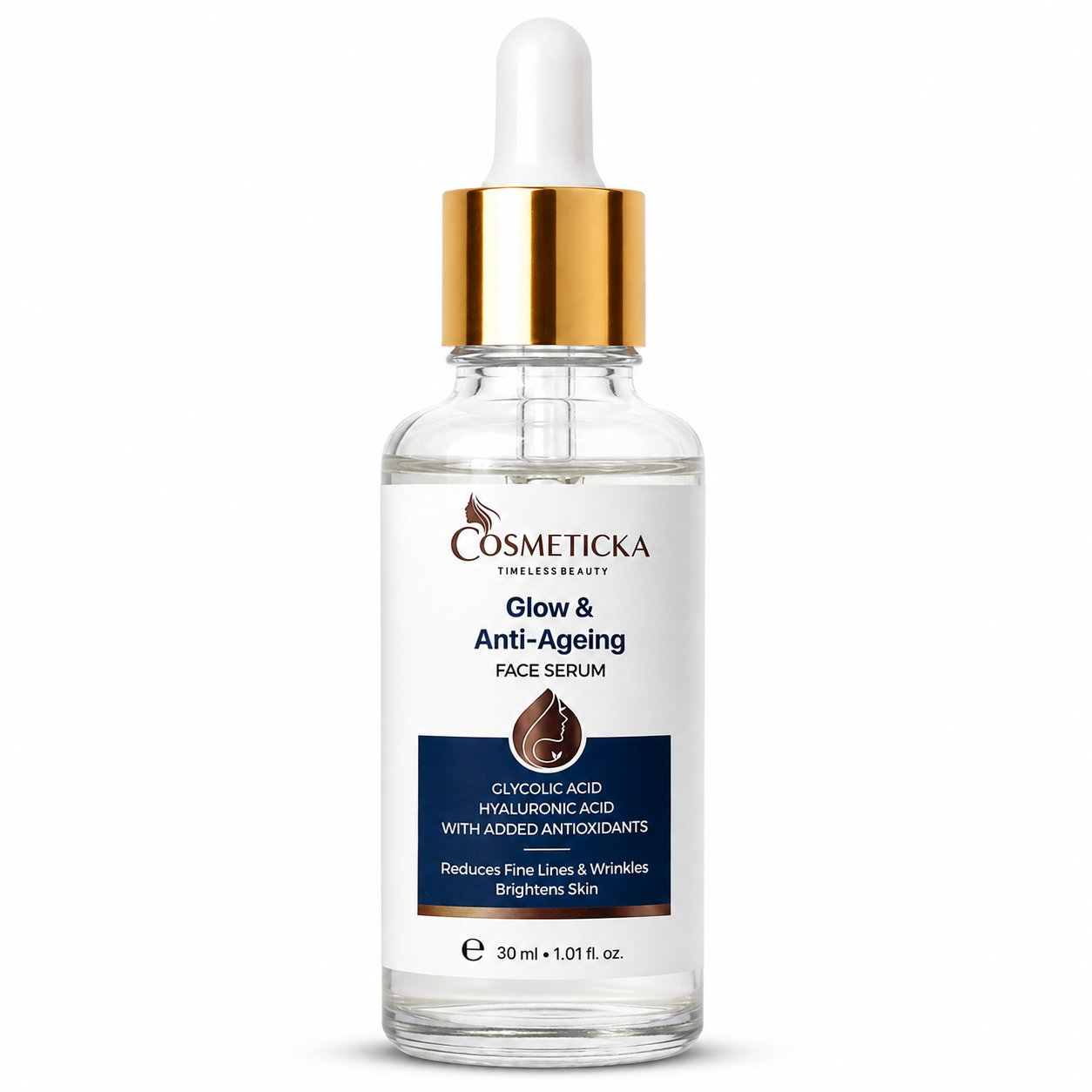 Cosmeticka Glow & Anti-Ageing Face Serum in a 30 ml clear glass dropper bottle with a white label, gold collar, and white dropper cap, shown on a white background.