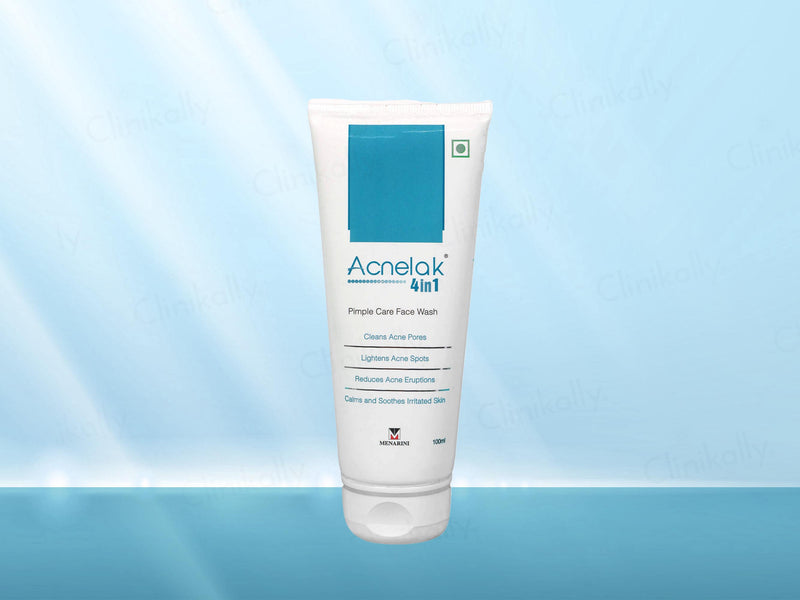 A white squeeze tube of Acelak 4in1 Pimple Care Face Wash with a blue label block, centered against a light blue gradient background with soft light rays.