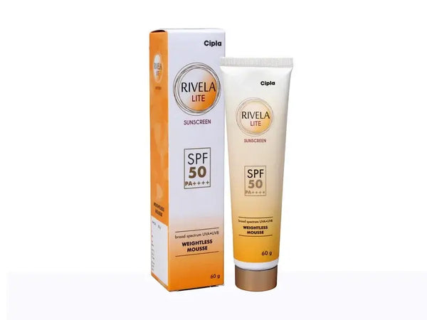 Rivela Lite Sunscreen SPF 50 PA++++ sunscreen with retail box and tube