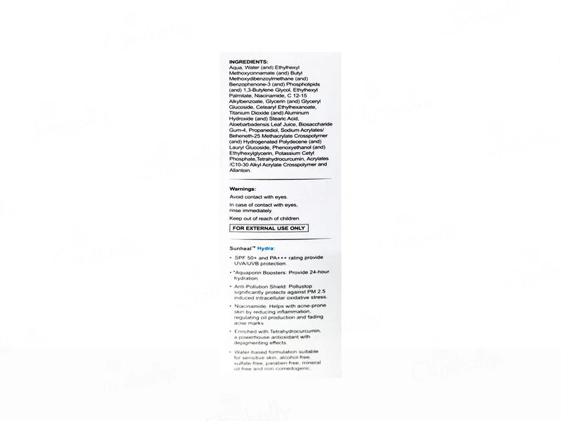 Sunheal Hydrating Sunscreen Lotion ingredients card