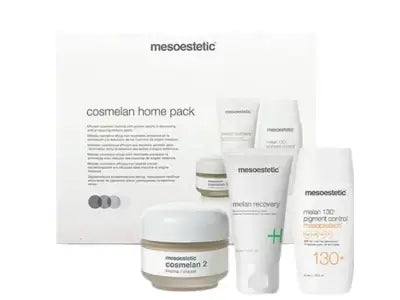 Mesoestetic skincare products including bottles and jars on a white background