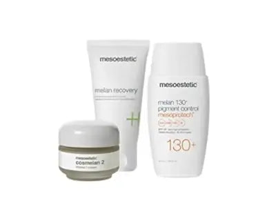 Mesoestetic Cosmelan Home Pack skincare bottles on a white background
