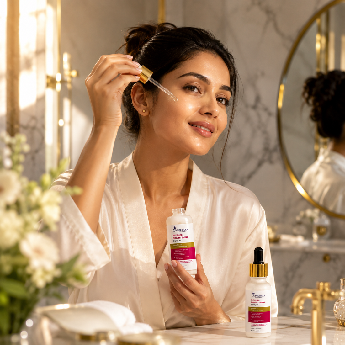 Cosmeticcka Intense Brightening Serum in a frosted glass dropper bottle with a gold collar and black dropper top, on a white background.