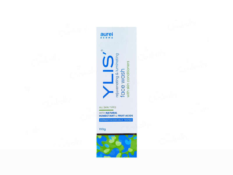Aurei Natura Ylis' Face Wash box, featuring a white packaging design with blue and green text and a colorful blue and green pattern at the bottom, set against a white background with faint watermarks.