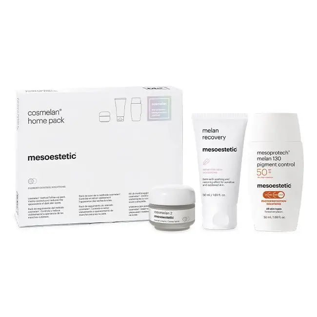 Mesoestetic Cosmelan home pack with skincare products on a white background