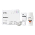 Mesoestetic skincare products including a box, jars, and bottles on a white background