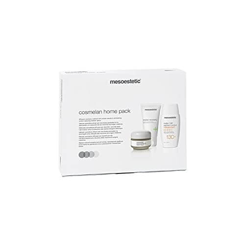 Mesoestetic Cosmelan home pack with skincare products on a white background