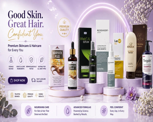 Haircare and skincare banner featuring Hairyuth Plus serum, iMxia XL 
serum, Redenser+ serum, Lacne body spray, Renocia shampoo and Tugain 
shampoo on purple podiums, tagline Good Skin Great Hair Confident You
Hairyuth Plus, iMxia XL, Redenser+, Renocia and Tugain haircare 
products banner - Good Skin, Great Hair, Confident You