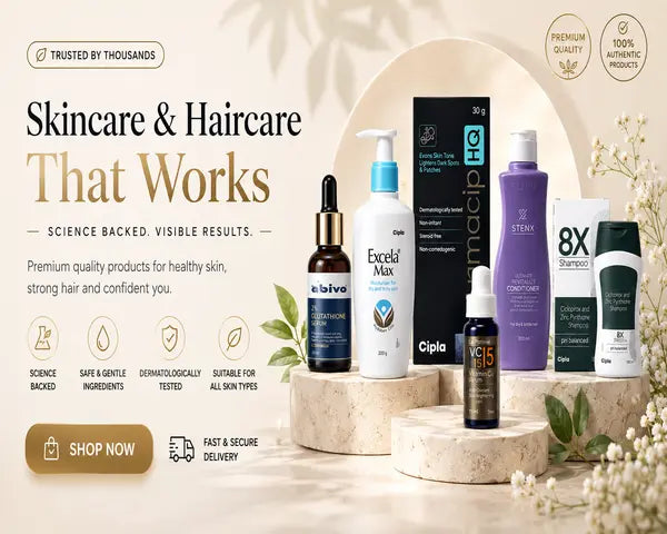 Skincare and haircare banner featuring Abivo Glutathione Serum, Excela Max 
moisturiser, Lumacip HQ, VC15 Vitamin C Serum, Stenx conditioner and 8X 
shampoo on stone pedestals, tagline Skincare and Haircare That Works, 
100% Authentic Products
Cipla skincare haircare banner - Abivo, Excela Max, Lumacip HQ, VC15, 
Stenx and 8X Shampoo - Skincare and Haircare That Works
